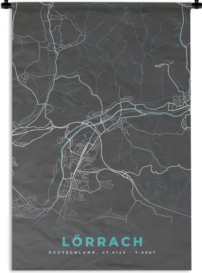 Wandkleed - Wanddoek - Duitsland – Blauw – Lörrach – Stadskaart – Kaart – Plattegrond - 120x180 cm - Wandtapijt