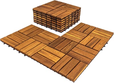 Set van 10 Inelkaar Grijpende Tegels voor Buiten en Binnen - 30 x 30 cm Natuurlijk Hout