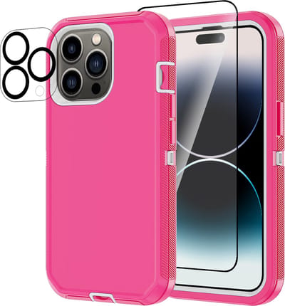 Stravo Heavy Duty iPhone 14 Pro case met Screen Protector en Lens Protector - Roze - Dustproof shockproof telefoonhoes cover bestaande uit 3 lagen inclusief schermbeschermer en lensbeschermer - Geschikt voor Apple iPhone 14 Pro