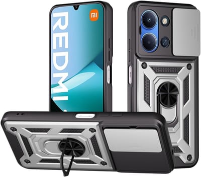 MobyDefend Hoesje - Geschikt voor Xiaomi Redmi 15C 5G - Pantsercase Met Draaibare Ring - Zilvergrijs