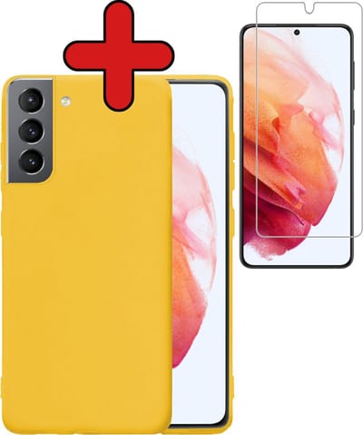 Hoesje - Met Screenprotector - Geschikt voor Samsung Galaxy S21 - Sterk & Shockproof - Telefoon Hoes - Back Cover - Siliconen Case - Telefoonhoes - Geel
