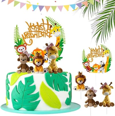 Verjaardagstaart Decoratie - 4 Delen Dierenthema Taart Toppers voor Kinderen, Cupcake Decoratie en Jungle Dieren Toppers