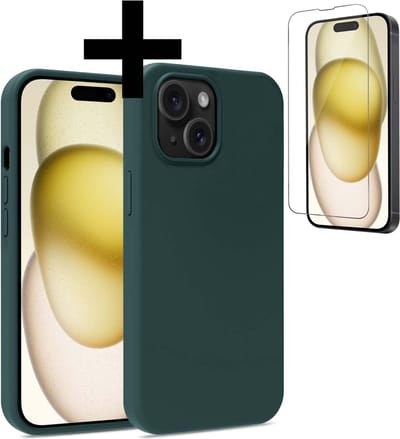 Hoesje - Met Screenprotector - Geschikt voor Apple iPhone 15 - Sterk & Shockproof - Back Cover - Siliconen Case - Telefoon Hoes - Telefoonhoesjes - Donkergroen