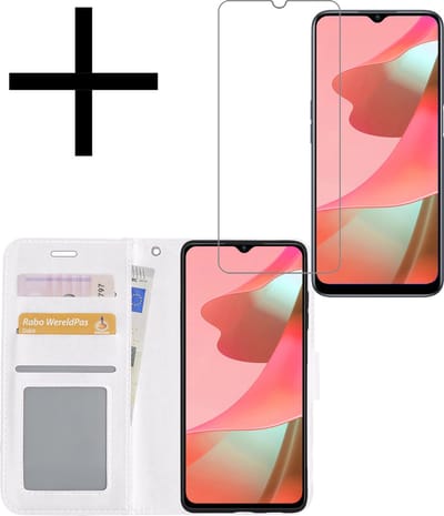 Hoesje - Met Screenprotector - Geschikt voor OPPO A16s - Luxe Pasjeshouder - Bookcase Portemonee - Flip Case - Kunstleer Book Case - Flipcase - Book Cover - Walletcase - Portemonneehoes - Wit