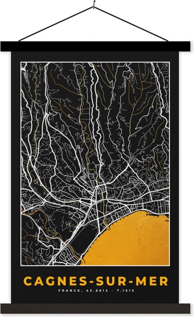 Posterhanger incl. Poster 40x60 cm - Schoolplaat - Plattegrond - Cagnes-sur-Mer - Kaart - Frankrijk - Stadskaart - Textielposter - Zwarte latten - Stadskaart