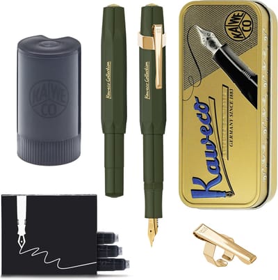 Kaweco - Cadeauset - (5delig) - Vulpen CLASSIC SPORT GROEN Fountain Pen - Medium - Vintage blikje - Oktogonal Clip Vergoldet - Patronen houder zwart - Vullingen