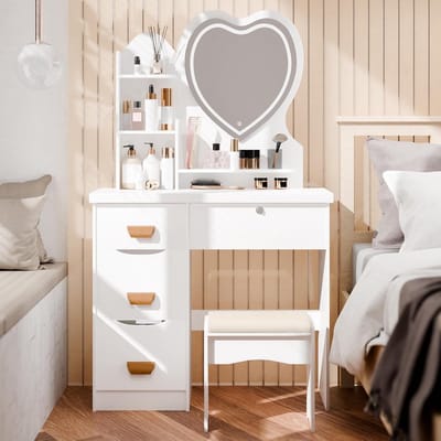 Kaptafel met Spiegel - Toilettafel Meubel - Make-up en Haar - Hartspiegel met Led - 80x40x135 cm - Wit
