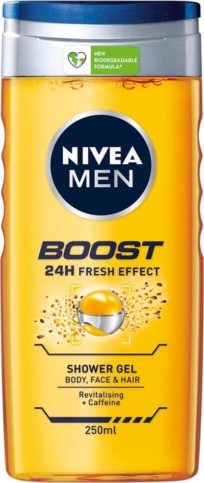 24 x NIVEA Men Boost Douchegel 250 ml - Douchegel - Cafeïne - Energieboost - Fris Effect - Verfrissend