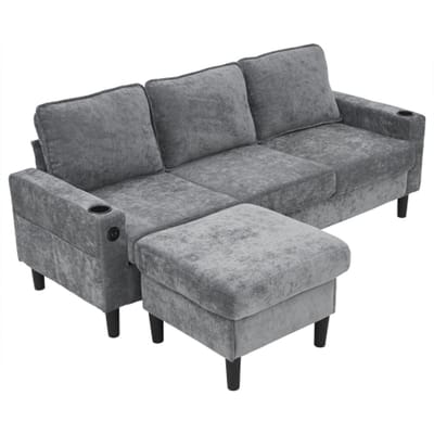 Hoekbank- 4-zitsbank met USB en USB-C - 2 bekerhouders en zijvakken – Woonkamer en slaapkamer – 202 x 137 x 80 cm – Grijs linnen