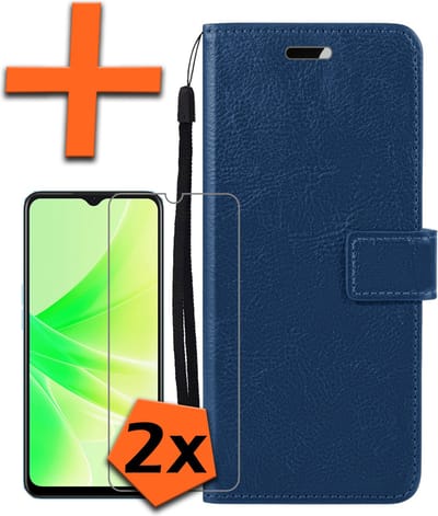 Hoes - Met 2x Screenprotector - Geschikt voor OPPO A57 - Luxe Pasjeshouder - Bookcase Portemonee - Flip Case - Kunstleer Book Case - Flipcase Hoes - Book Cover - Walletcase - PortemonneeHoes - Donkerblauw
