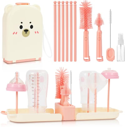 6-in-1 set babyflessenborstels, draagbare babyflesborstelset met siliconen flessenborstel, rietjesborstel, fopspeenborstel, flessendroger en dispenserflessen, BPA-vrij (roze)