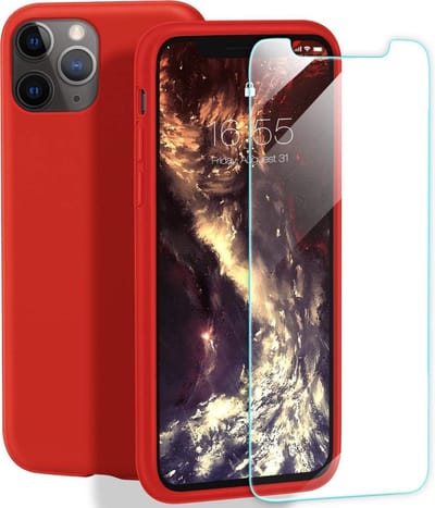 HB Hoesje en Glas Geschikt voor Apple iPhone 11 Pro - Rood - Siliconen Back Cover + 1x Glazen Screenprotector
