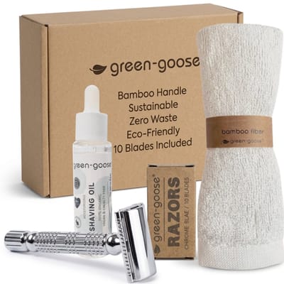 green-goose® Scheerpakket | Safety Razor Klassiek Scheermes | Zilver Vlindersluiting | Biologische Scheerolie | Bamboe Doekje | 10 Scheermesjes | Duurzaam Cadeau!