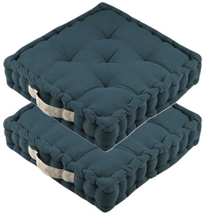 Stof Textile Vloerkussen DUO - 2x - blauw - katoen - 45 x 45 x 10 cm - vierkant - Extra dik - extra zitplaatsen - spelen - gamen - relaxen