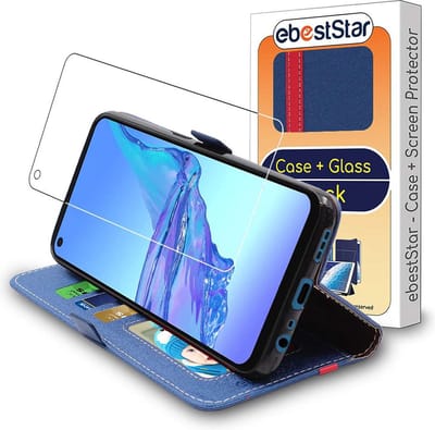 ebestStar - Hoes geschikt voor Oppo A53S, A53, Wallet Etui, Book case hoesje, Donkerblauw, Rood + Gehard Glas
