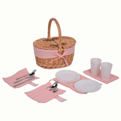 UNUS® Picknickmand voor kinderen ovaal met servies voor 2 personen 29x22x31 cm roze