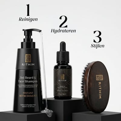 Rithim® Baardverzorgingsset met biotine, keratine en pro-vitamine B5 - 3-delige Baardset met Shampoo, Baardolie & Borstel - Tobacco & Vanilla - Cadeau voor Hem