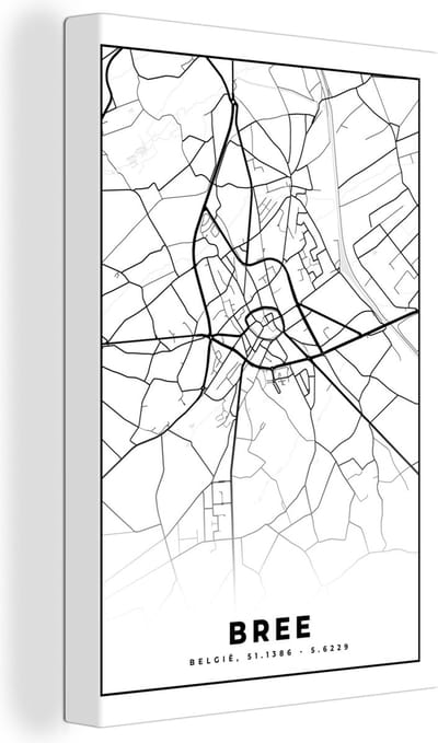 Canvas Schilderij Stadskaart – Plattegrond – België – Zwart Wit – Bree – Kaart - 20x30 cm - Wanddecoratie