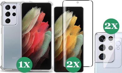 Hoesje geschikt voor Samsung Galaxy S21 Ultra - 2x Screenprotector & 2x Camera Screen Protector - Transparant Shock Case