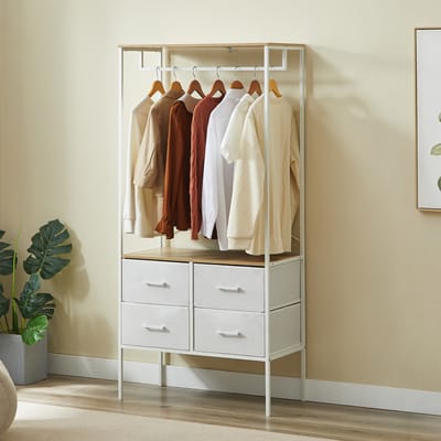 CASABEL Kledingkast 80×40×167 cm, meubelstuk met 4 lades voor slaapkamer of hal, hout & wit metaal