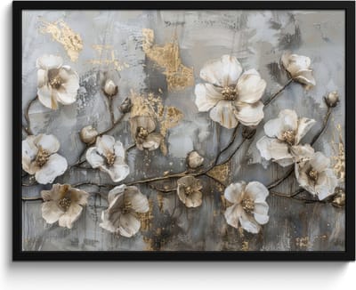 Poster in lijst - Fotolijst 80x60 cm - Posters - Bloemen - Wit - Grijs - Goud - Luxe - Posterlijst zwart - Decoratie - Wanddecoratie woonkamer - Muurdecoratie slaapkamer