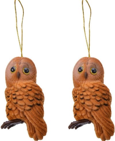 Decoris Kersthanger - 2x - uil - bruin - 8 cm - kunststof - kerstversiering - kerstornamenten