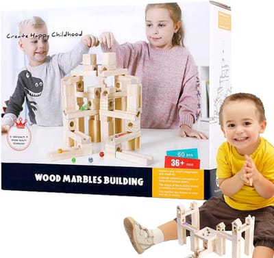 Houten Kogelloopbaan - Puzzelspel Baan - STEM Leren - 60 Stuks Ballen - 25 x 24 x 10 cm