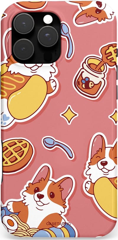 Casetastic hoesje geschikt voor Apple iPhone 16 Pro Max - MagSafe - Dubbellaagse bescherming - Corgi snacks - Fashion Case - Koraal Terracotta Lichtgrijs Goud