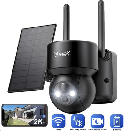 ieGeek DQ201 Bewakingscamera Buiten Draadloos met Batterij - 2K 360° PTZ zonnecamera - PIR Bewegingsdetectie - bidirectionele audio