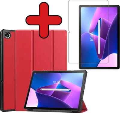 Hoesje - Geschikt voor Lenovo Tab M10 Plus (3e / 3rd Generatie) - Met Screenprotector - Hardcover Book Case - Trifold Bookcase Hoes - Hard Cover - Tablethoes - Rood