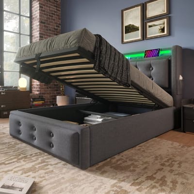 VVBV Gestoffeerd Opbergbed 90x200 cm - LED, USB-C, Hydraulische Opbergruimte, Lattenbodem, Metaalframe, Grijs, Zonder Matras