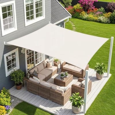 Rechthoekig schaduwdoek van 3x4 meter, water- en zonwerend, gebroken wit, 95% UV-bescherming, Geschikt voor gebruik buitenshuis en in de tuin.