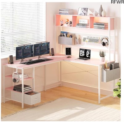 RFWR® L-vormig gaming bureau met RGB verlichting, stopcontacten en USB poorten, omkeerbare computertafel 120 x 148 cm