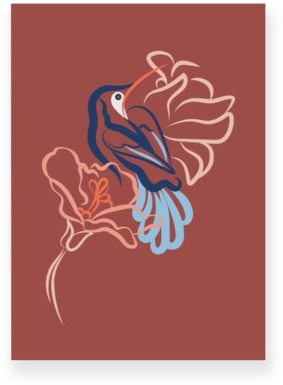 Poster 20x30 cm - Kolibrie - Vogel - Bloemen - Roodbruin - Blauw - Minimalistisch - Botanisch - Muurdecoratie - Wanddecoratie