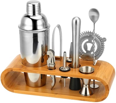 Oneay 10-delige barset met bamboe standaard - Thuisbartset en cocktailshaker voor een fantastische cocktailervaring - 550ml - zilver