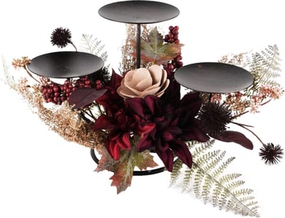 Dekoratief | Tafelstuk kaarsenhouder m/bloemen/blaadjes, bordeau, 40x9x20cm | A245818