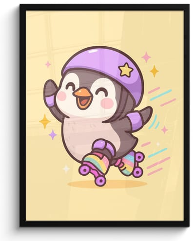 Poster in lijst - Fotolijst 60x80 cm - Posters - Pinguïn - Rolschaatsen - Geel - Energiek - Posterlijst zwart - Decoratie - Wanddecoratie woonkamer - Muurdecoratie slaapkamer