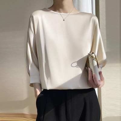 Zijden Sectie Ronde Hals Driekwart Mouw T-shirt voor Dames In Zomer Nieuw Modieus Los Veelzijdig Korte Mouw Comfortabele Top L white