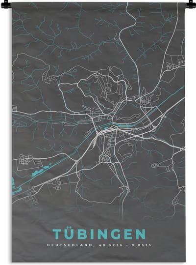 Wandkleed - Wanddoek - Stadskaart – Plattegrond – Duitsland – Blauw – Tübingen – Kaart - 120x180 cm - Wandtapijt