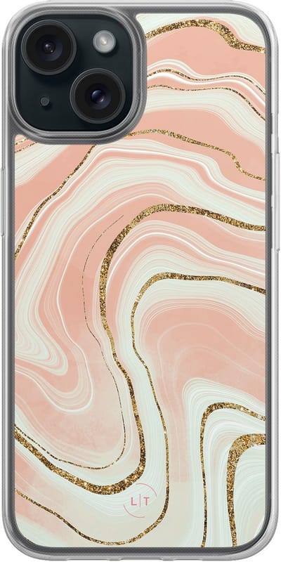 Hoesje geschikt voor iPhone 15 - Marmer peach - 2in1 backcover - Marmer - Multi - Leuke Telefoonhoesjes