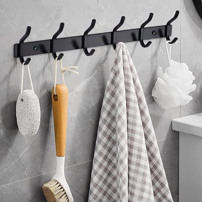 Roestvrijstalen kapstok met 6 haken - wandhaken voor badkamer en slaapkamer - zwart - 2 stuks
