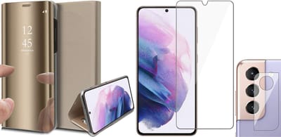 Hoesje geschikt voor Samsung Galaxy S21 FE - Book Case Spiegel Wallet Cover Hoes Goud - Tempered Glass Screenprotector - Camera Lens Protector