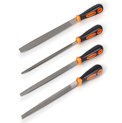 Precisie Vijlenset 4 Delig - 200 mm Handvijlen voor Metaal Hout en Kunststof - Platte Halfronde Ronde en Driehoek Vijl - Staalvijl Set met Ergonomische Antislip Handgreep [10288]