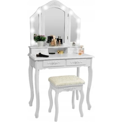 Coiffeuse en bois blanc avec miroir et tabouret éclairés par LED - 75x40x144 cm blanc