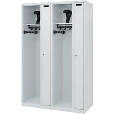 Brandweerkluis C+P Evolo Kombi, 4 vakken voor 2 personen, met helmhouder, vloerglijders, B 1200 x D 500 x H 1850 mm, RAL 7035 lichtgrijs