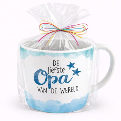 Mok - Koffie - Cadeau - Traktatie - Opa - De Liefste Opa Van De Wereld - Verjaardag - Keramiek - Cadeauverpakking met gekleurd lint