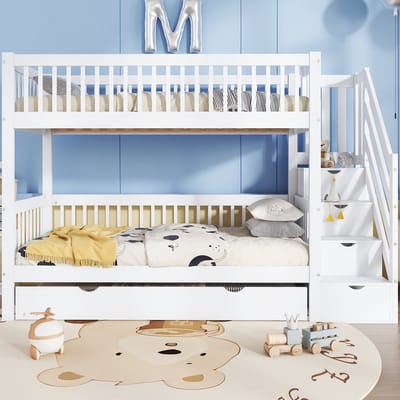 Stapelbed Met Uitschuifbed En Trapladekast - 90x200/190 Cm - Wit - Veilige Kinderbed Met Rondom Reling