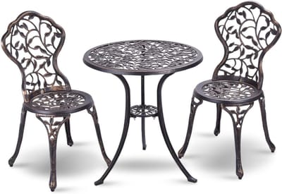COSTWAY 3-Delige tuinmeubelset, bistroset, gegoten bladpatroon antieke buiten tuin tuinmeubilair, weerbestendig tuin ronde tafel en stoelen (Bruin)