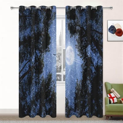 Nacht Sterrenhemel Bos Boom Schaduw Serie Zonwering Gordijnen Woonkamer Slaapkamer Huisdecoratie Maan Digitale Print Dunne Gordijnen 100W130H(CM)40x51in&Grommet Top