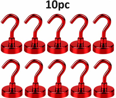TLVX 10 stuks Haak magneet Rood 16mm x 36mm / Erg sterk / 7 KG trekkracht / Magnetische ophanghaak / Magneet met haak / Metalen haak / Deurmagneet haak voor sleutels / Koelkast magneet handdoek / Magneet gereedschap / Foto magneet met handdoekhaak